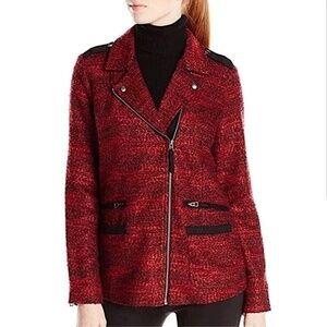 Lucky Brand Blazer Jacket Red Black Boucle Fabric Longer Length Silver Hardware